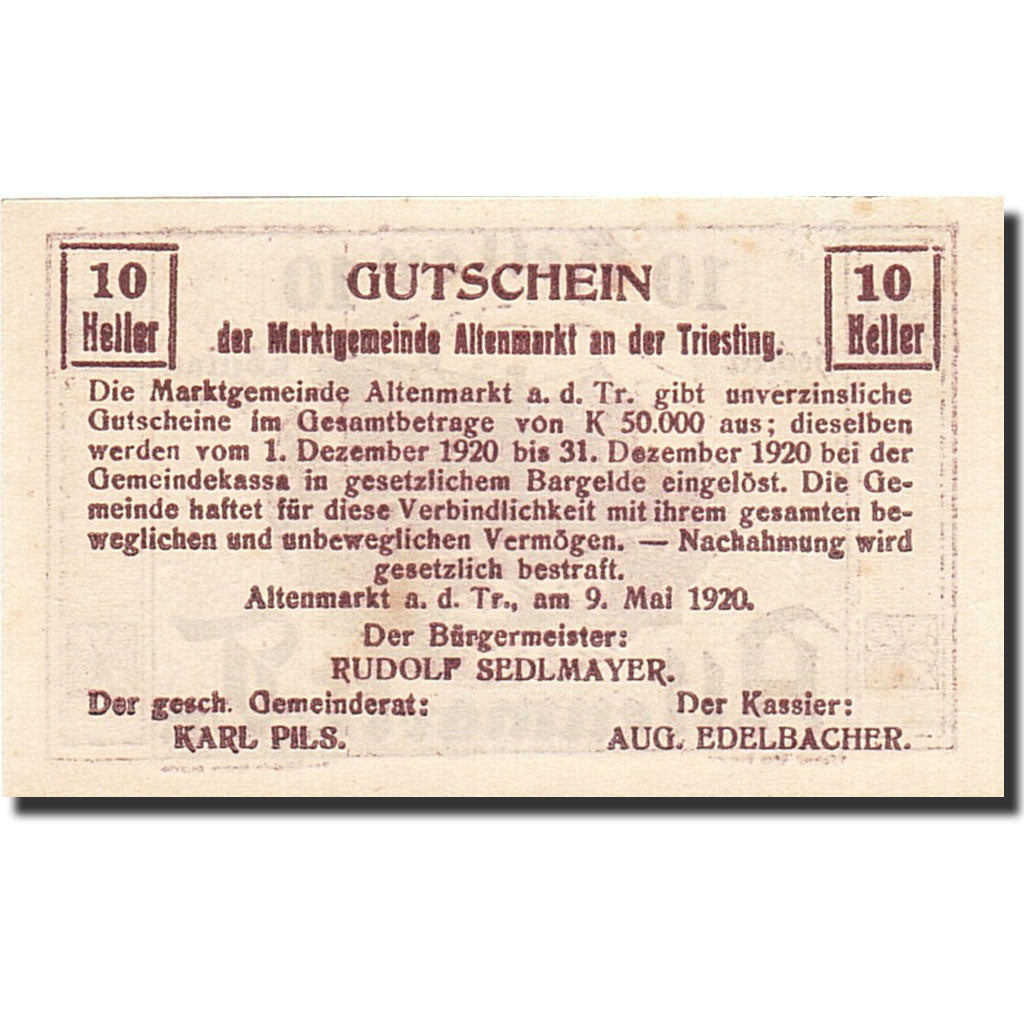 Banknote, Austria, Altenmarkt  an der Triesting, 10 Heller, chalet, 1920