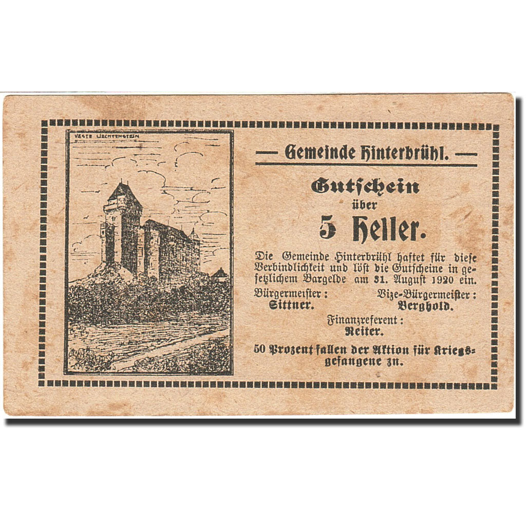 Banknote, Austria, Hinterbrühl, 5 Heller, château, 1920, 1920-08-31, AU(55-58)