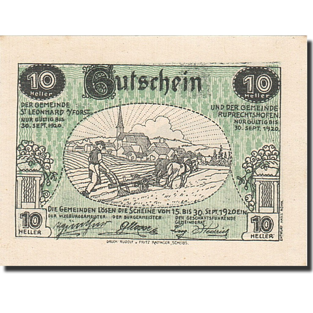 Banknote, Austria, Sankt Leonhard am Forst, 10 Heller, paysan, 1920, 1920-09-30