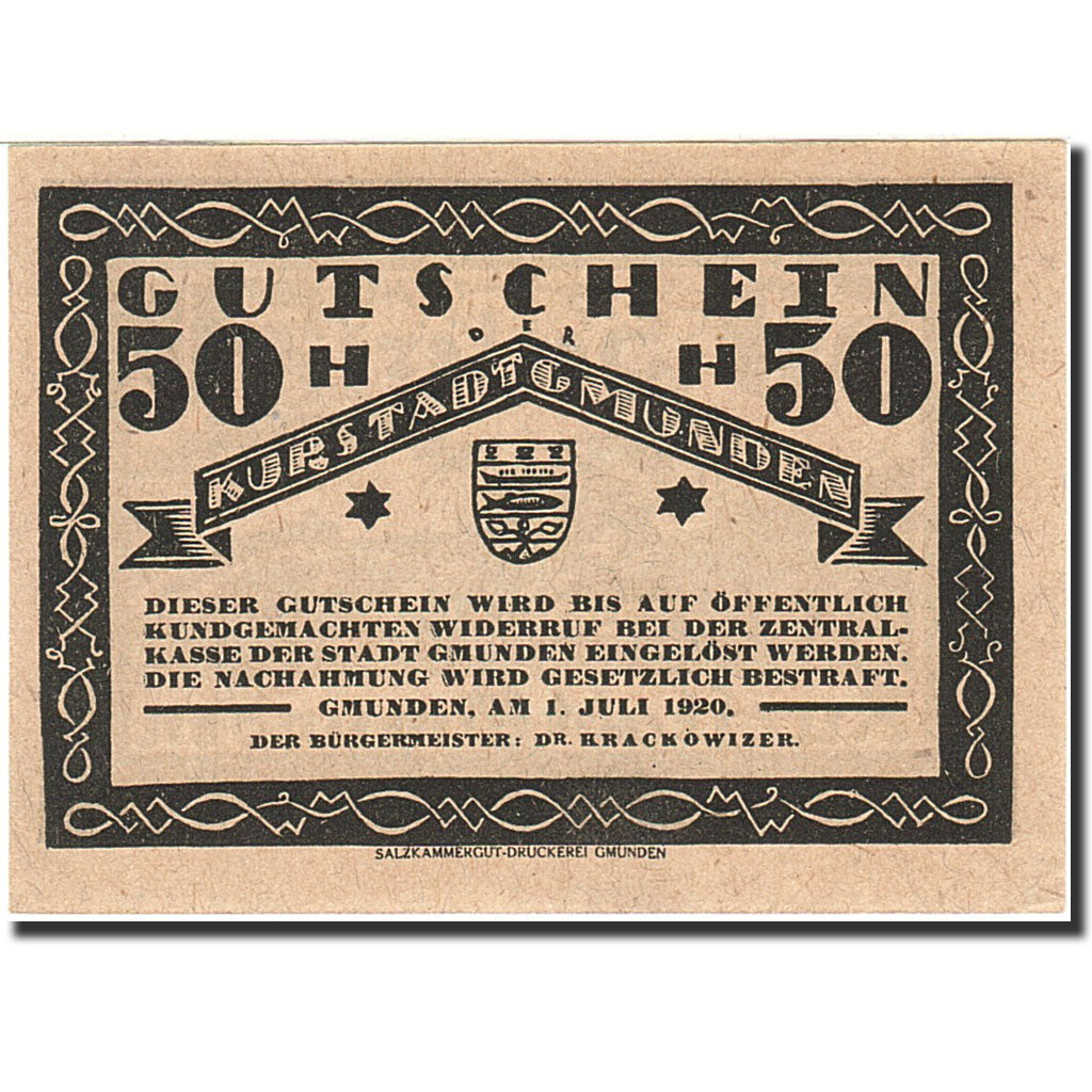 Banknote, Austria, Gmunden, 50 Heller, montagne, 1920, 1920-07-01, UNC(64)