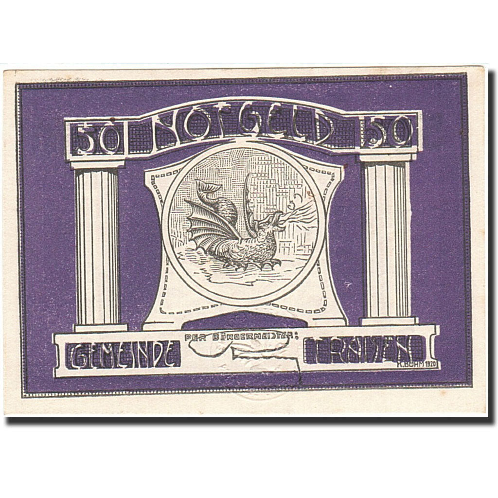 Banknote, Austria, Traisen, 50 Heller, dragon, 1920, 1920-12-31, UNC(63)
