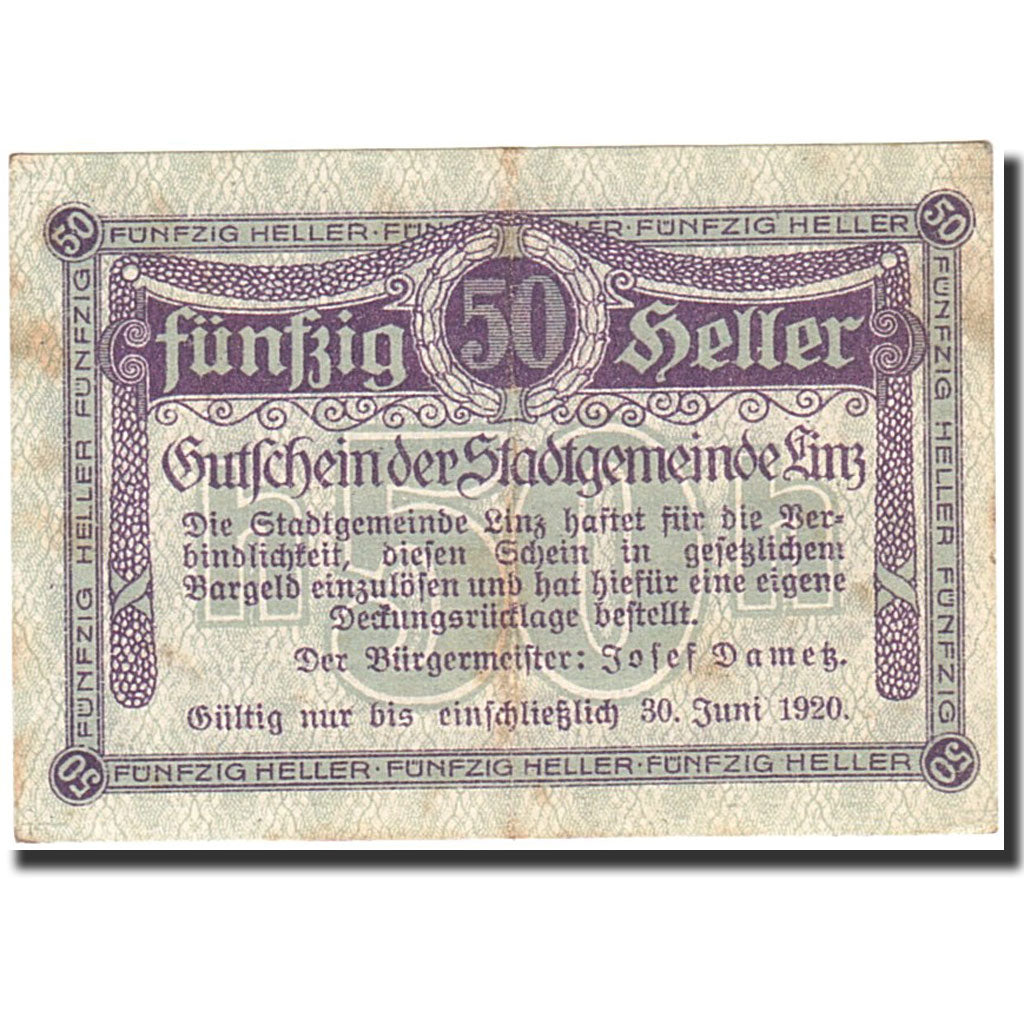Banknote, Austria, Linz, 50 Heller, valeur faciale, 1920, 1920-06-30, EF(40-45)