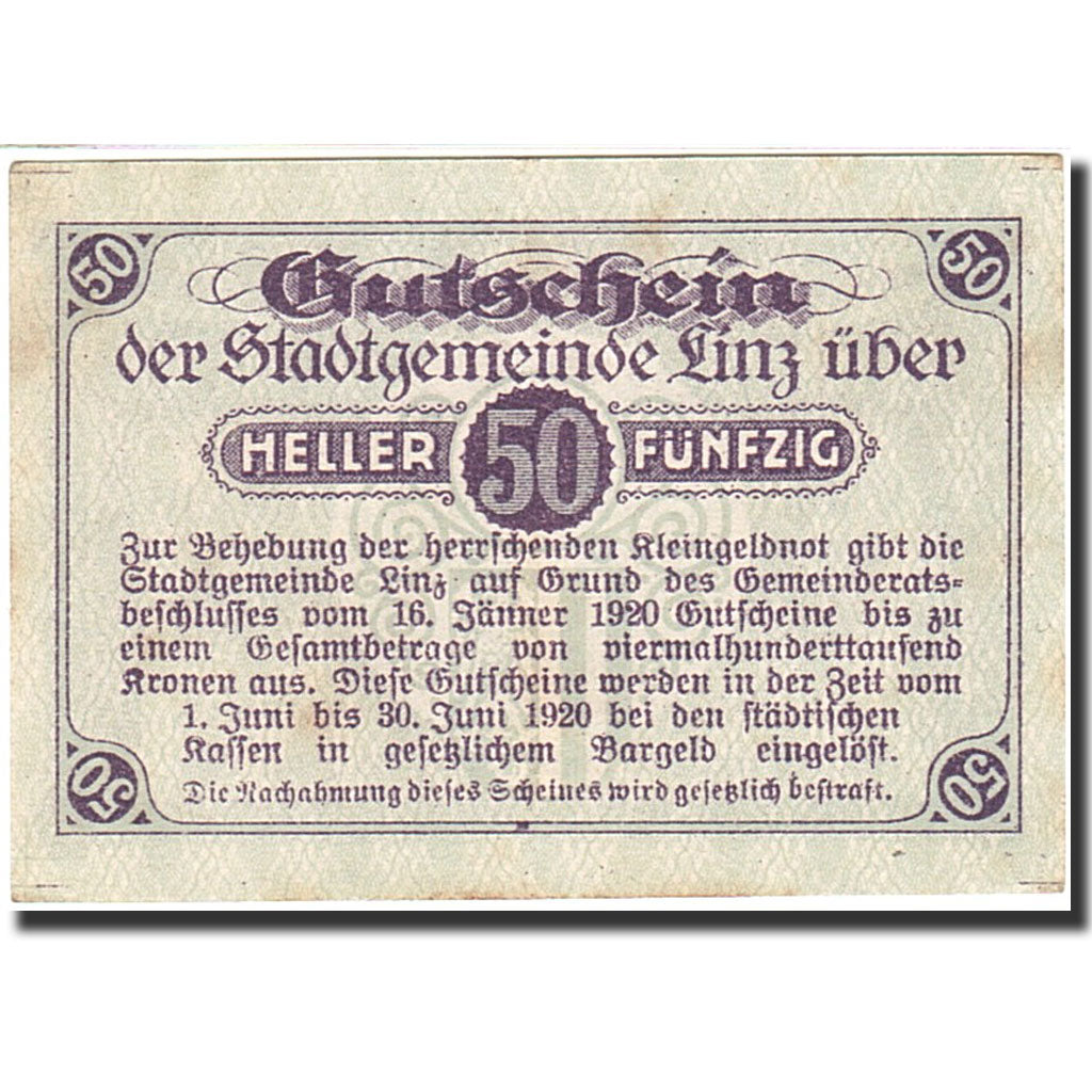 Banknote, Austria, Linz, 50 Heller, valeur faciale, 1920, 1920-06-30, EF(40-45)