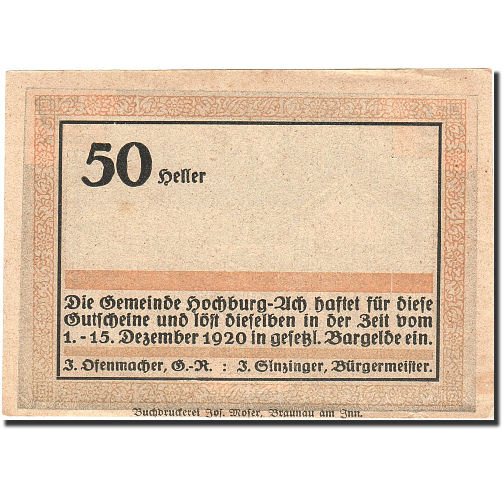 Banknote, Austria, Hochburg-Ach, 50 Heller, ferme, 1920, 1920-12-15, AU(55-58)