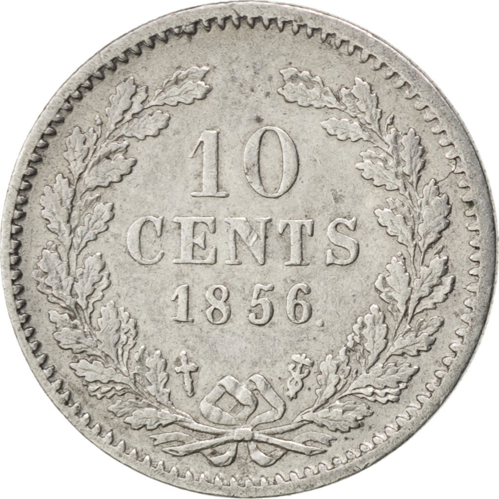 NETHERLANDS, 10 Cents, 1856, KM #80, EF(40-45), Silver, 15, 1.38