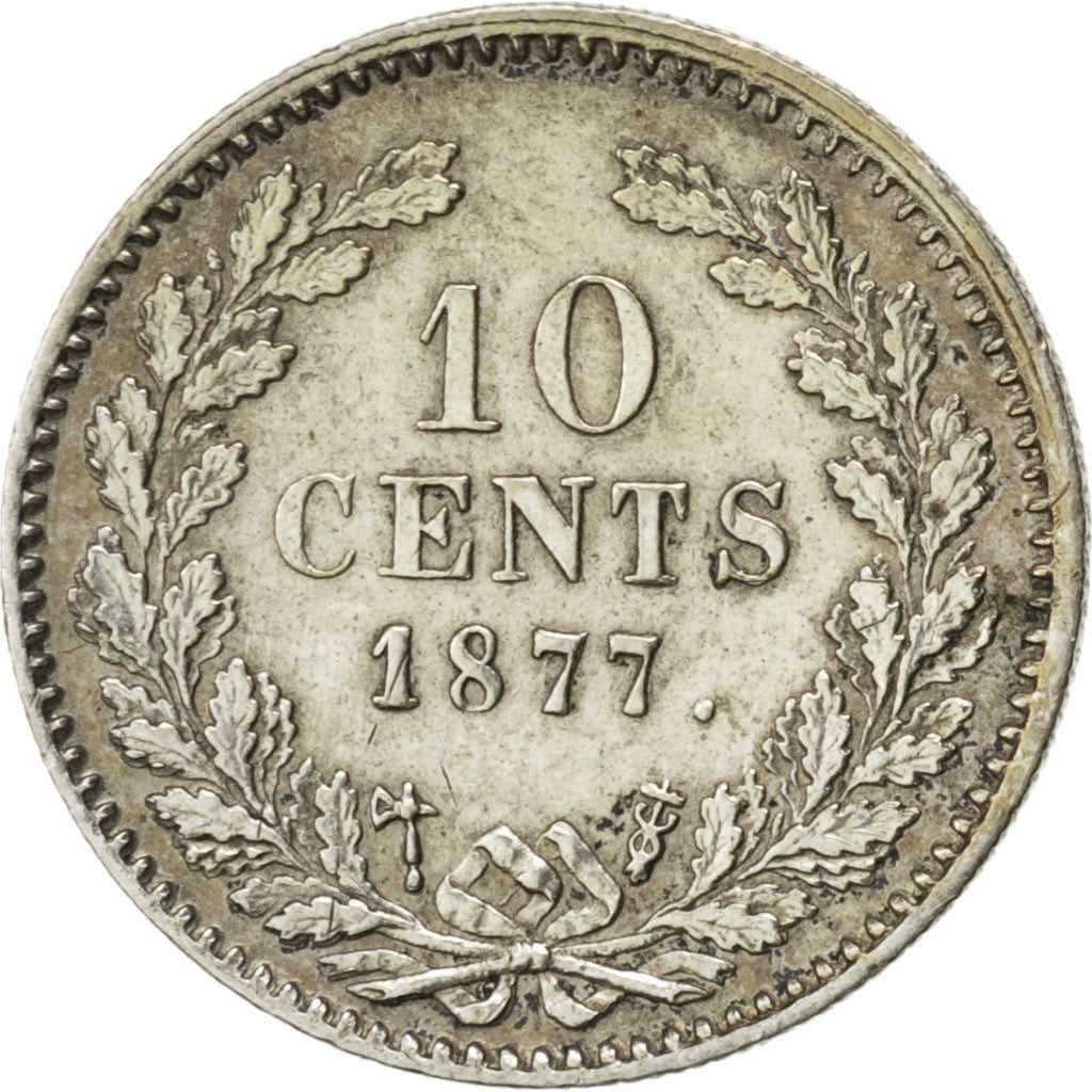 NETHERLANDS, 10 Cents, 1877, KM #80, AU(55-58), Silver, 15, 1.40