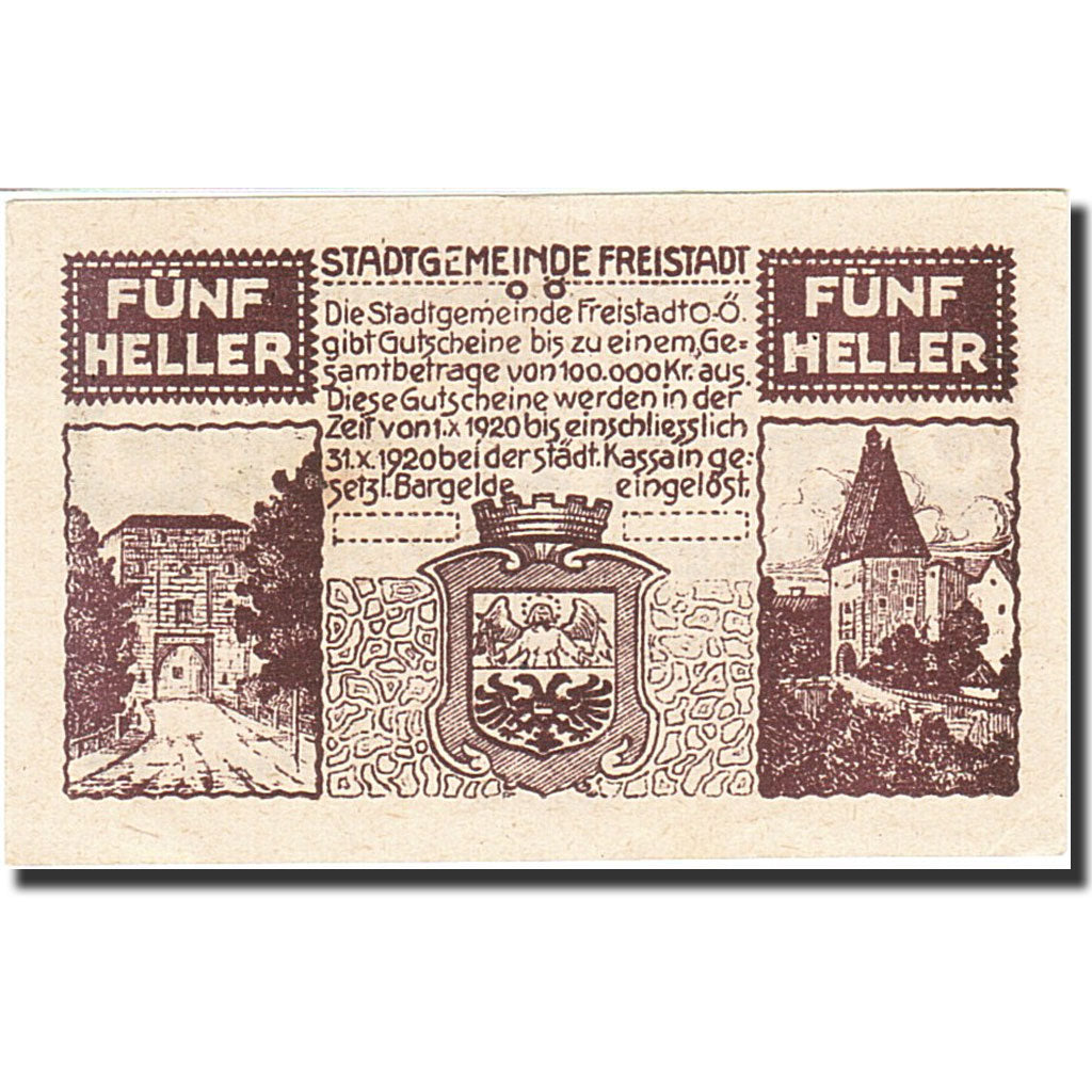 Banknote, Austria, Freistadt, 5 Heller, Blason, 1920, 1920-10-31, UNC(63)