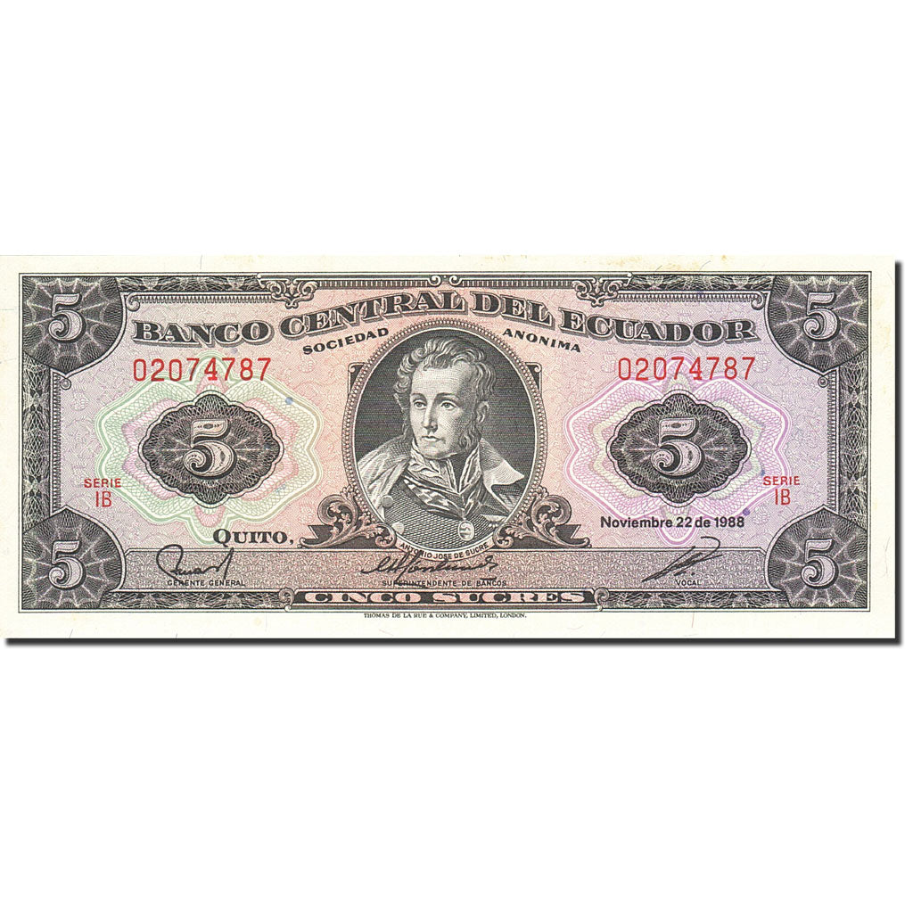 Banknote, Ecuador, 5 Sucres, 1984-1988, 1988-11-22, KM:120A, UNC(60-62)