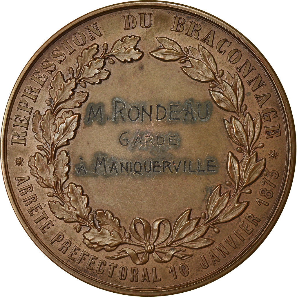 Francia, medaglia, Répression du Braconnage, Chasseurs du Havre, 1873, Rieul