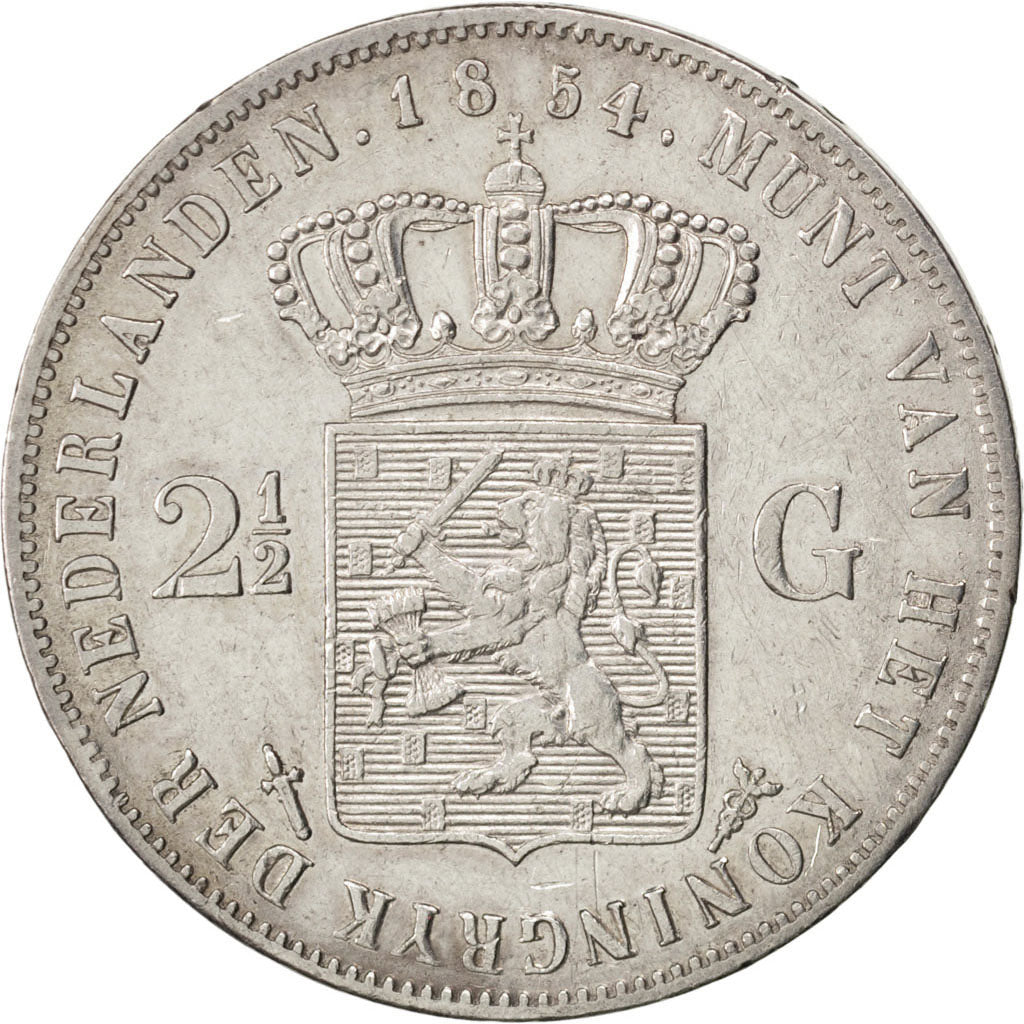 NETHERLANDS, 2-1/2 Gulden, 1854, KM #82, AU(50-53), Silver, 38, 24.92