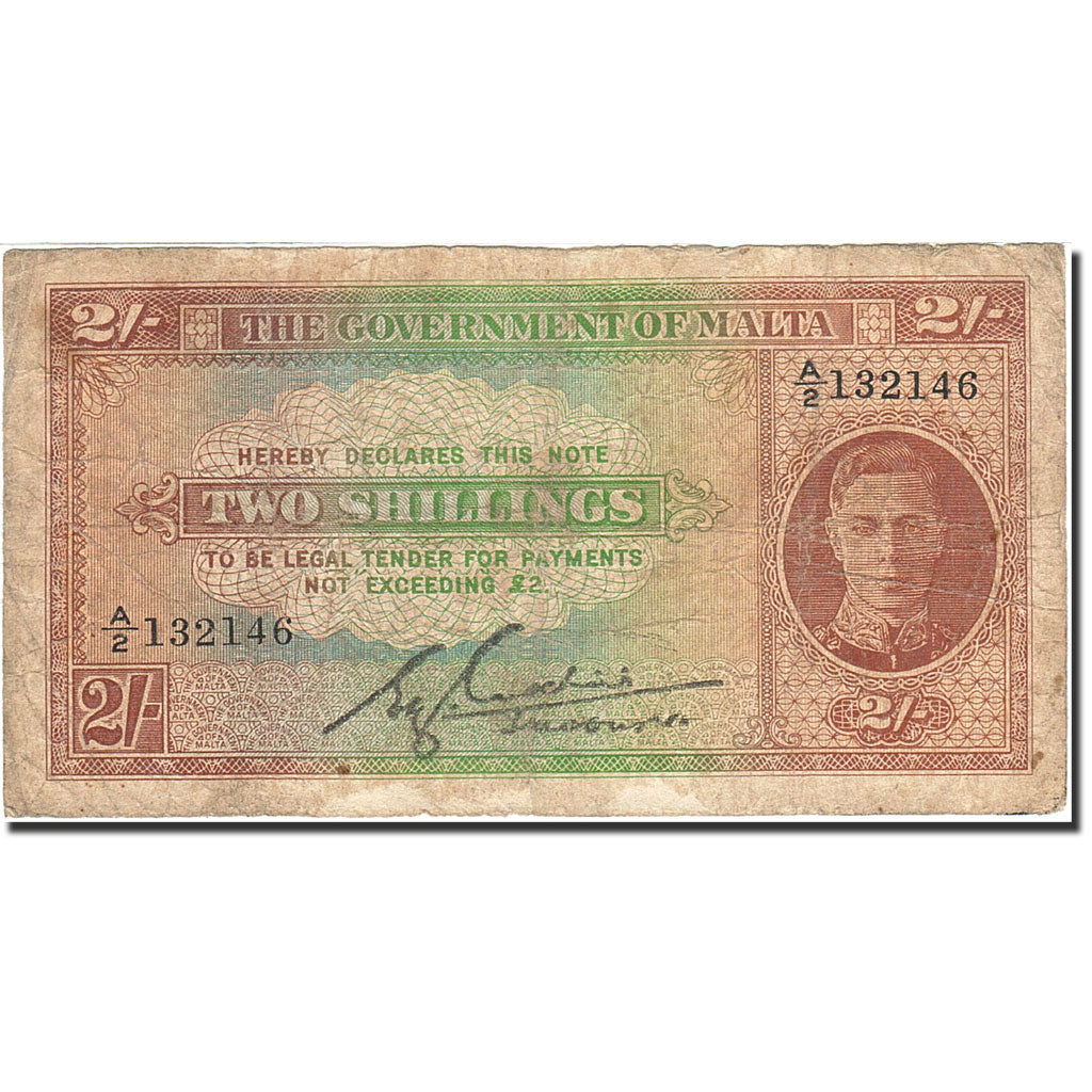 Malta, 2 Shillings, 1940-1943, Undated (1942), KM:17b, VG(8-10)