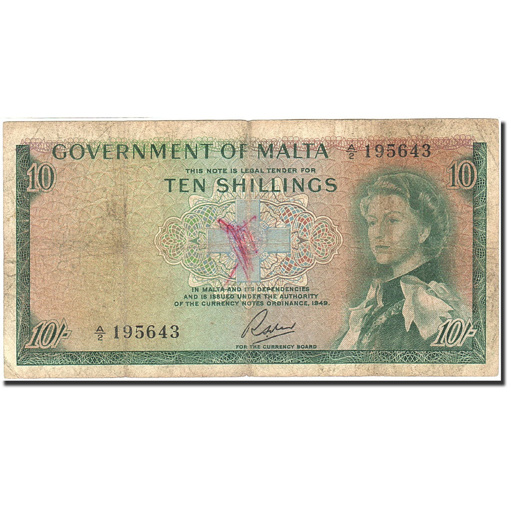 Banknote, Malta, 10 Shillings, 1949, 1963, KM:25a, VG(8-10)
