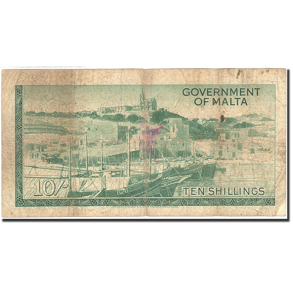 Banknote, Malta, 10 Shillings, 1949, 1963, KM:25a, VG(8-10)