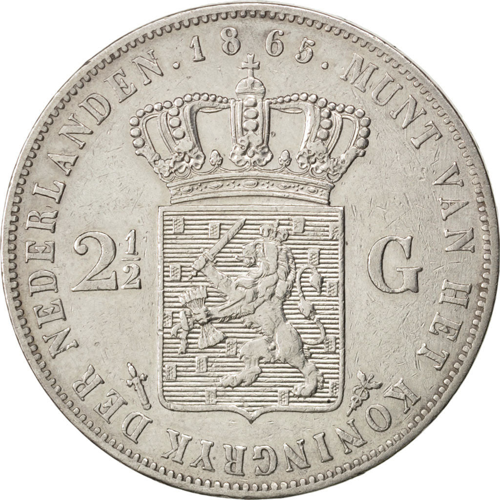 NETHERLANDS, 2-1/2 Gulden, 1865, KM #82, AU(50-53), Silver, 38, 24.90