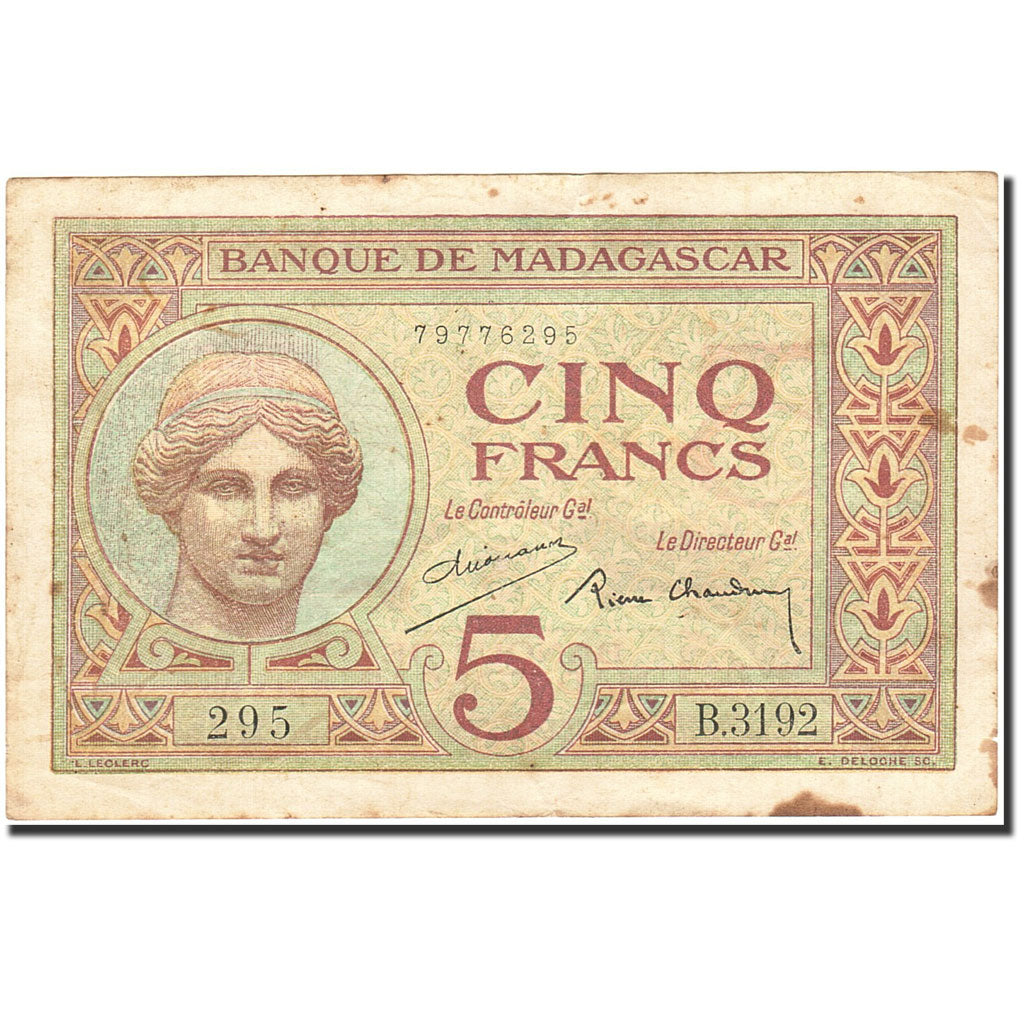 Banknote, Madagascar, 5 Francs, 1930, Undated (1937), KM:35, EF(40-45)