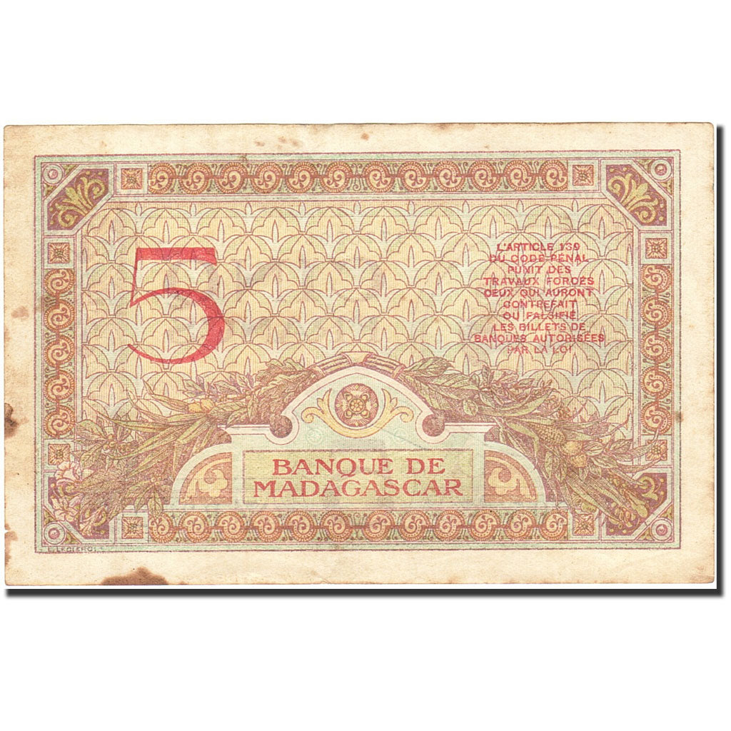 Banknote, Madagascar, 5 Francs, 1930, Undated (1937), KM:35, EF(40-45)
