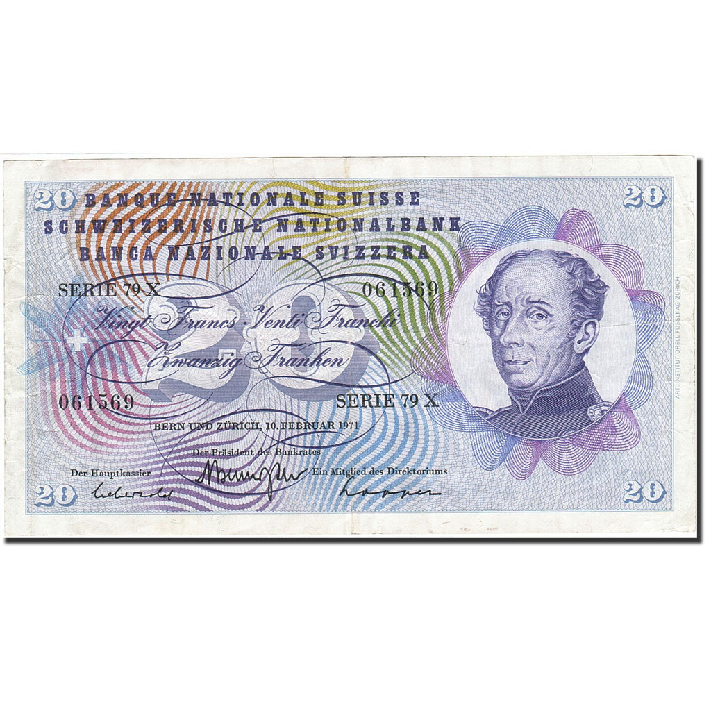 Billet, Suisse, 20 Franken, 1954-1961, 1971-02-10, KM:46s, TTB