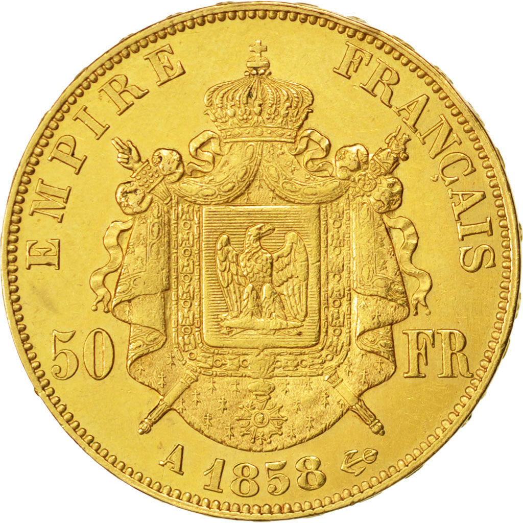 FRANCE, Napoléon III, 50 Francs, 1858, Paris, KM #785.1, AU(50-53), Gold, Gadour