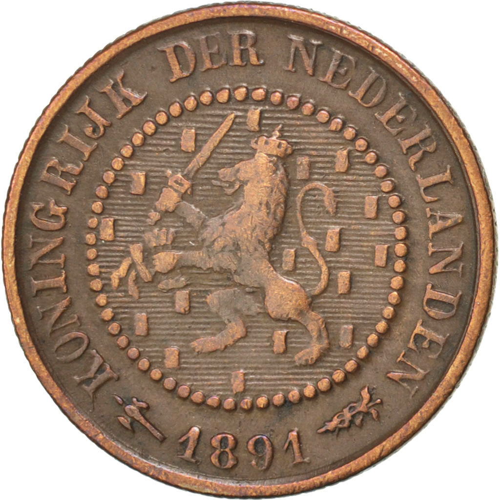 NETHERLANDS, 1/2 Cent, 1891, KM #109.2, EF(40-45), Bronze, 14, 1.24