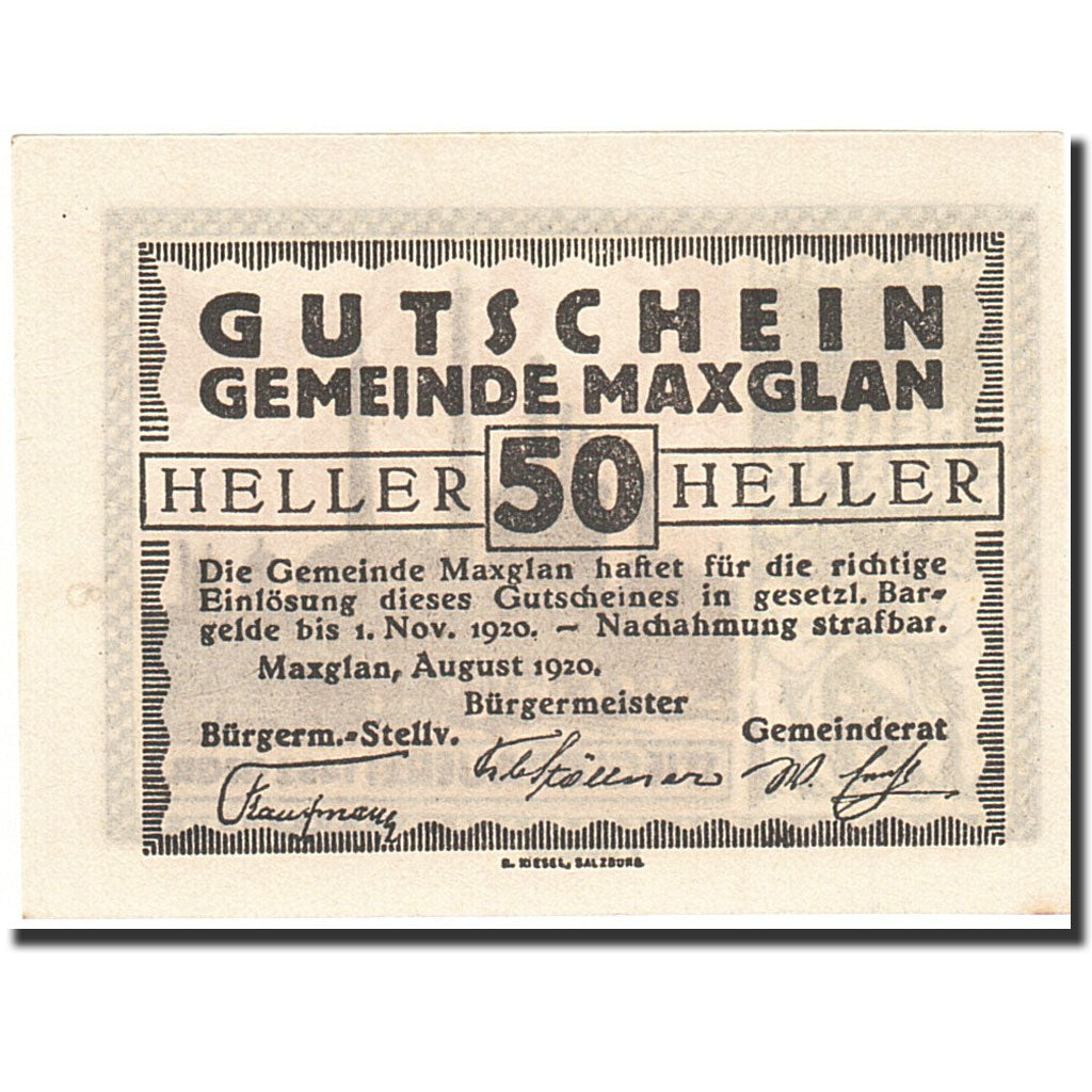 Banknote, Austria, Salzburg - Maxglan, 50 Heller, Usine, 1920, 1920-11-01
