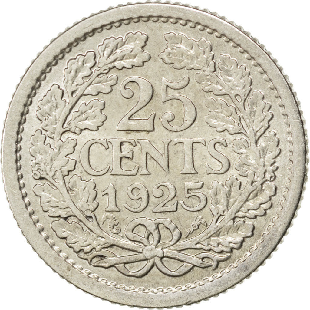 NETHERLANDS, 25 Cents, 1925, KM #146, AU(50-53), Silver, 19, 3.56