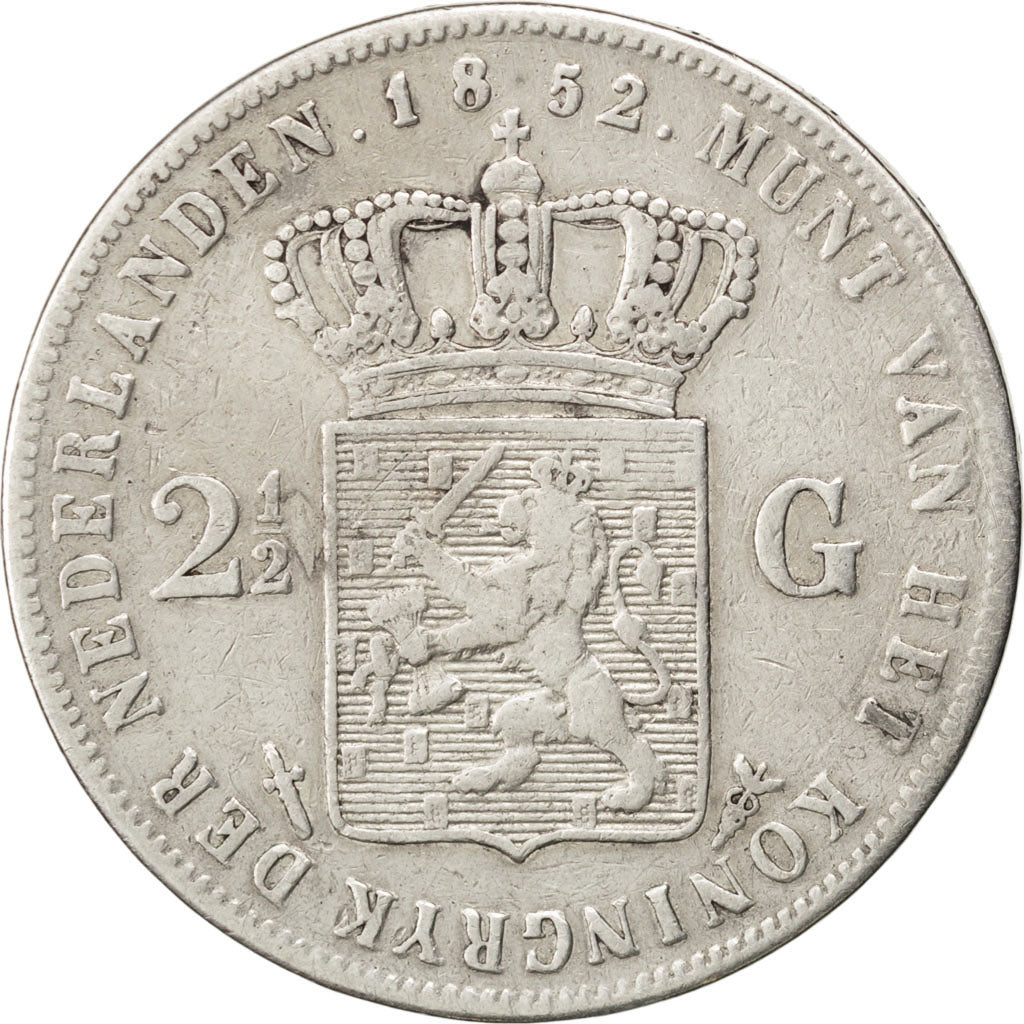 NETHERLANDS, 2-1/2 Gulden, 1852, KM #82, VF(30-35), Silver, 38, 24.52