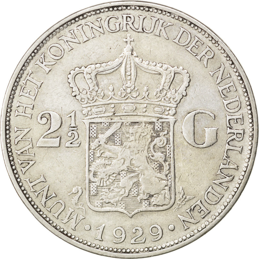 NETHERLANDS, 2-1/2 Gulden, 1929, KM #165, EF(40-45), Silver, 38, 24.89