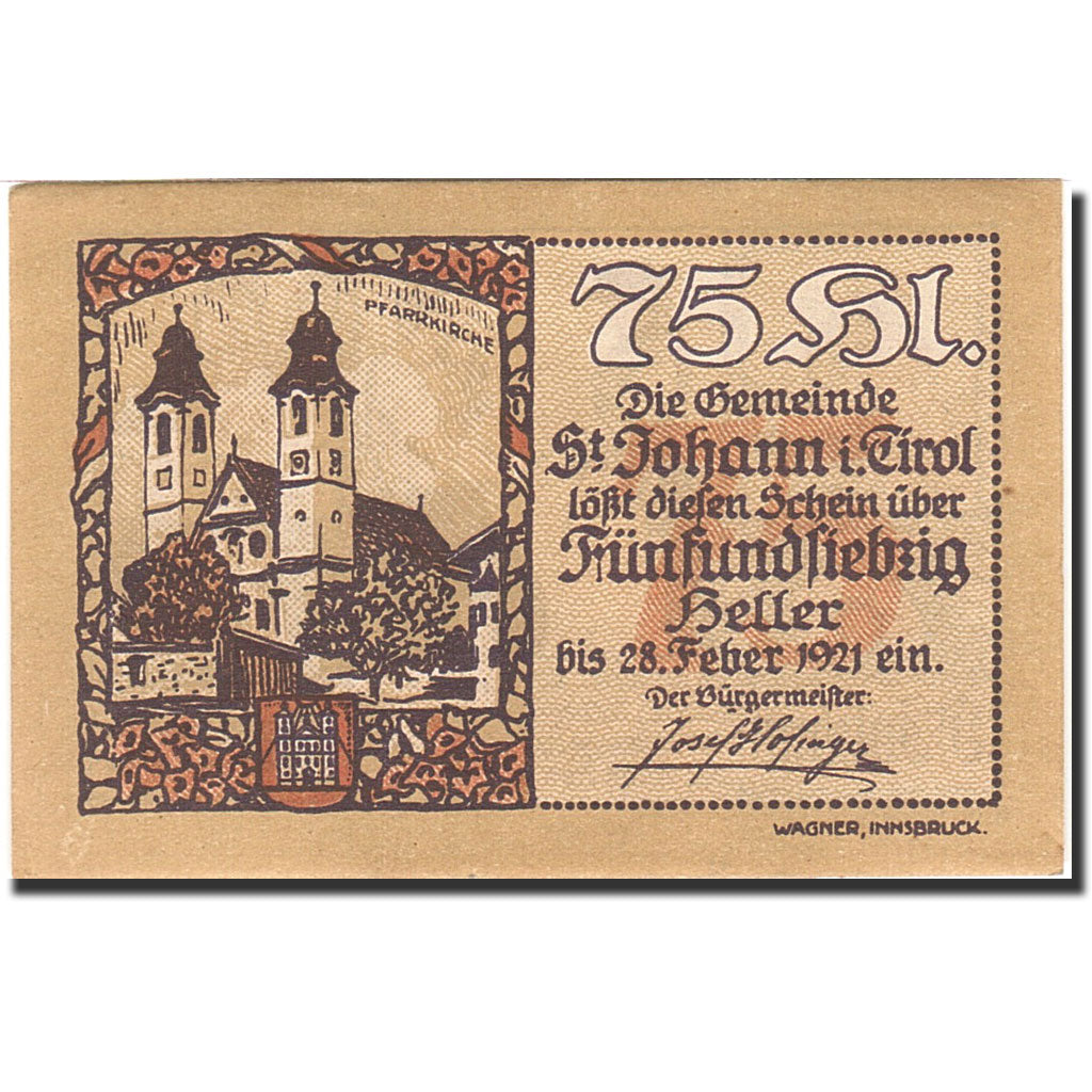 Banknote, Austria, Sankt Johann in Tirol, 80 Heller, Eglise, 1921, 1921-02-28
