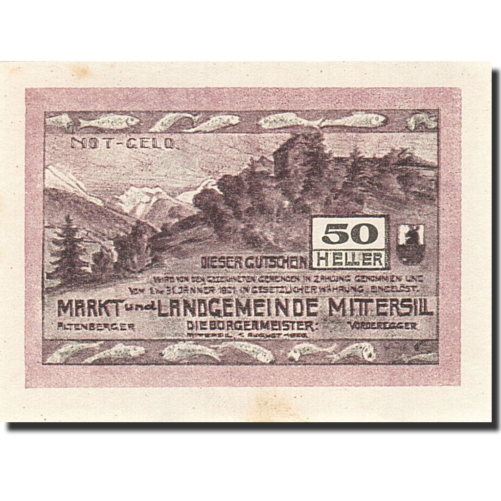 Banknote, Austria, Mittersill, 50 Heller, montagne, 1921, 1921-01-31, UNC(65-70)