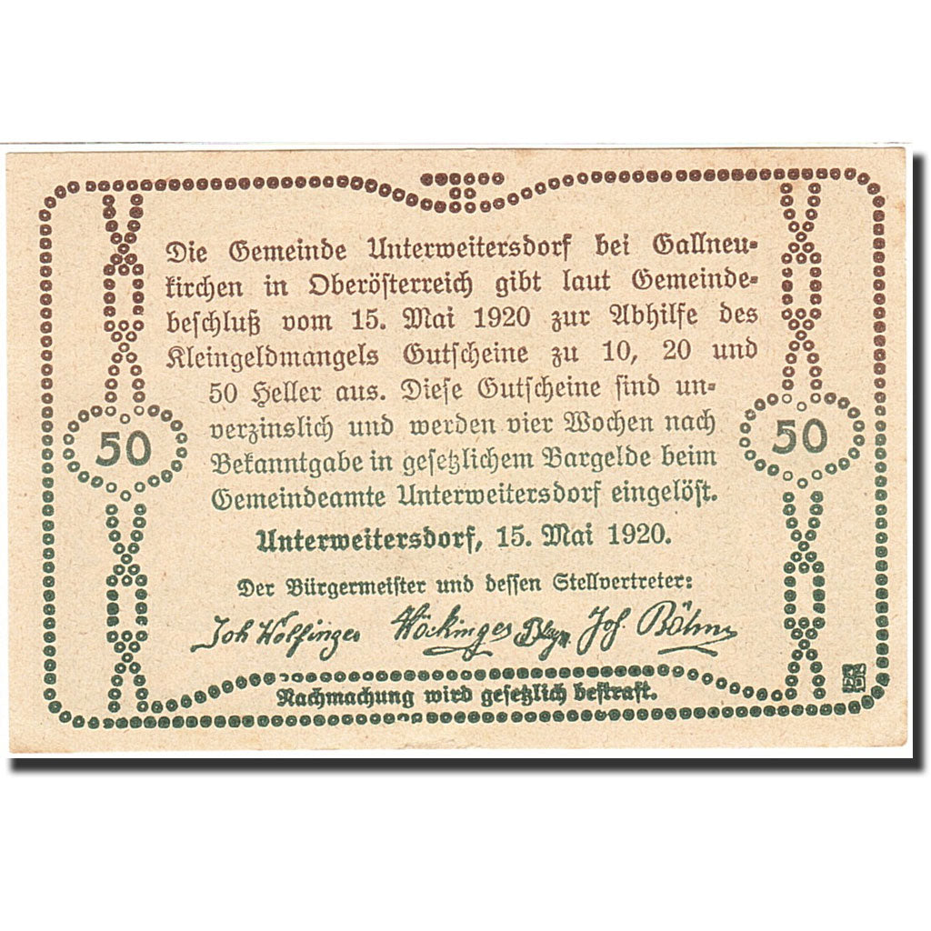 Banknote, Austria, Unterweitersdorf, 50 Heller, ferme, 1920, 1920-05-15