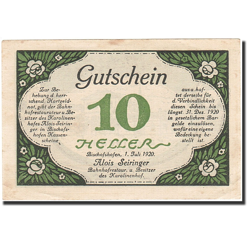 Banknote, Austria, Bischofshofen, 10 Heller, corne d'abondance, 1920