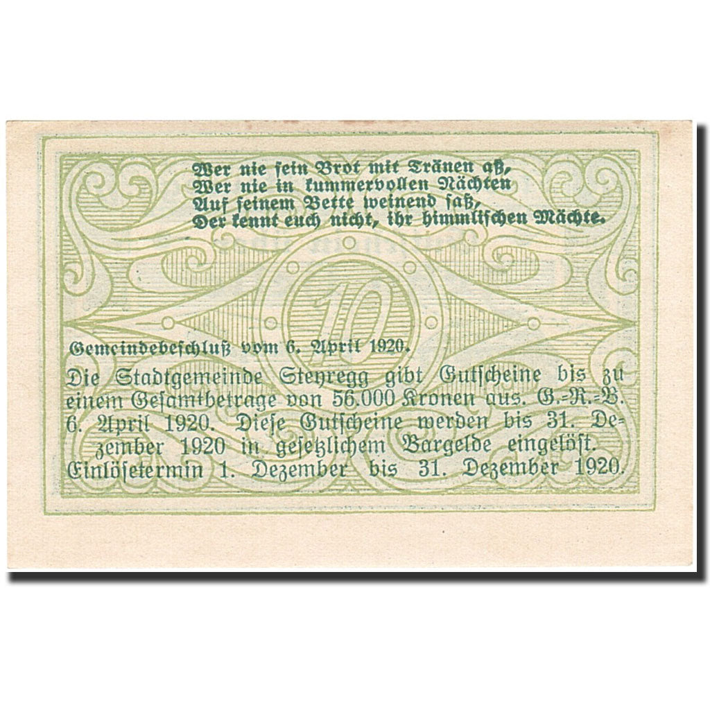 Banknote, Austria, Steyregg, 10 Heller, manoir, 1920, 1920-12-31, UNC(64)
