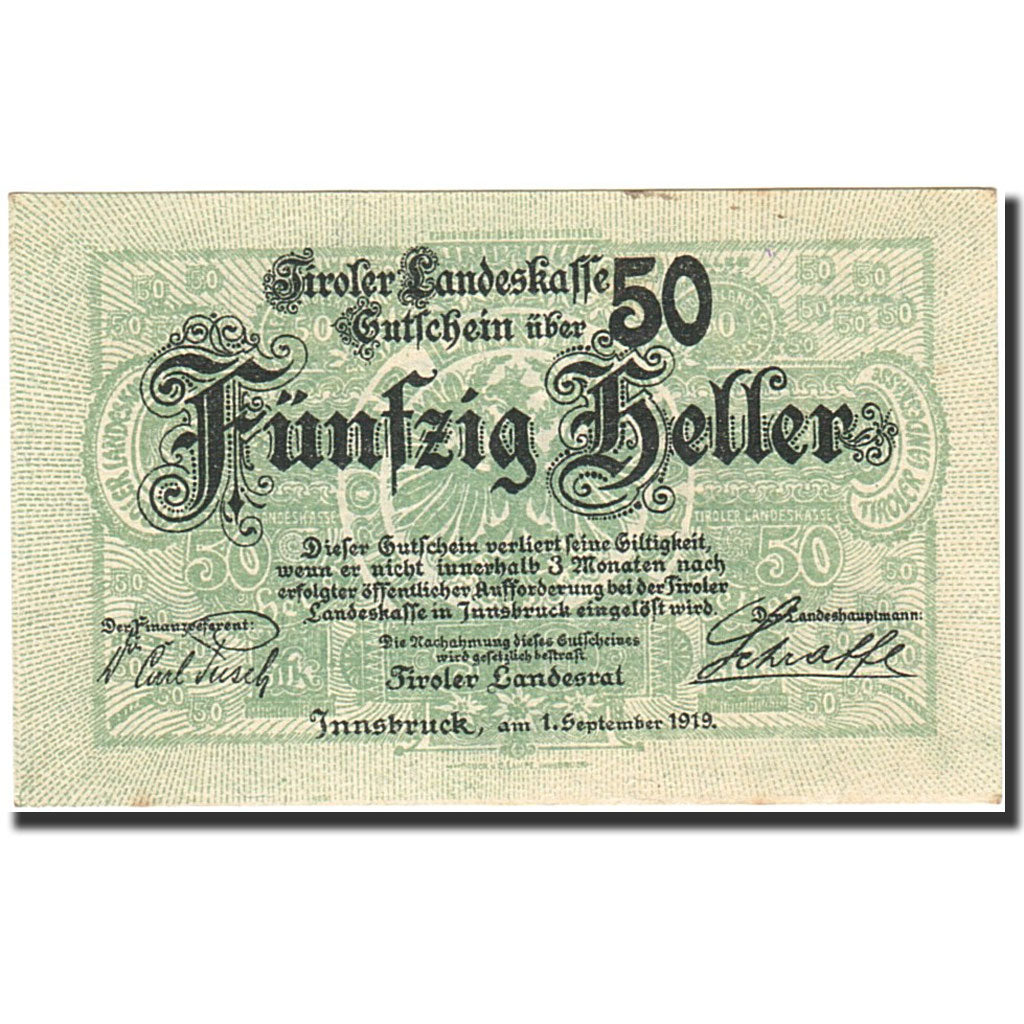 Banknote, Austria, Innsbruck, 50 Heller, valeur faciale, 1919, 1919-09-01