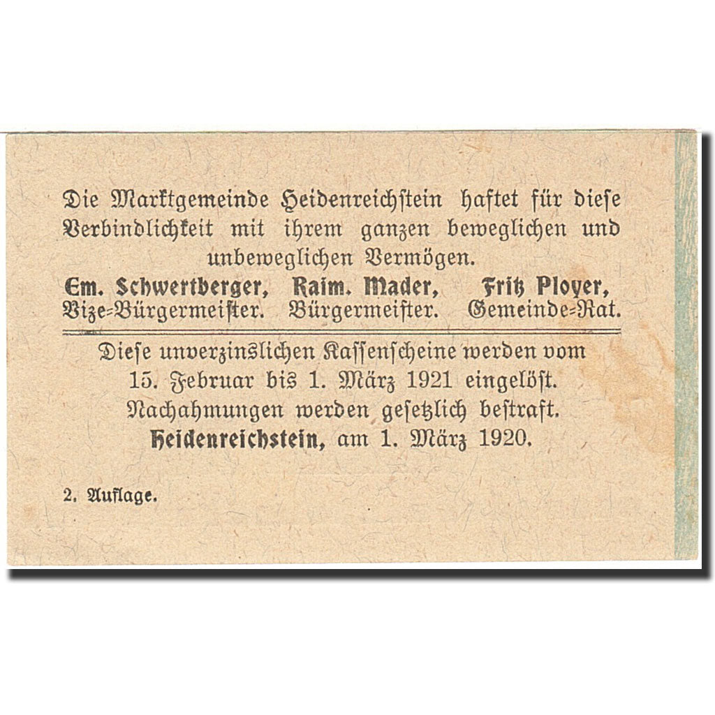 Banknote, Austria, Heidenreichstein, 10 Heller, valeur faciale, 1921