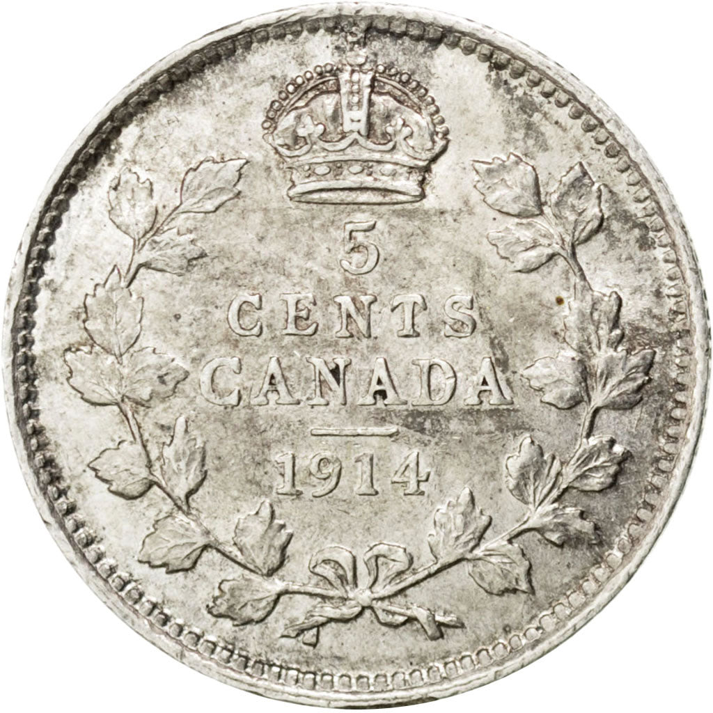 CANADA, 5 Cents, 1914, Royal Canadian Mint, KM #22, AU(55-58), Silver, 15.5,...
