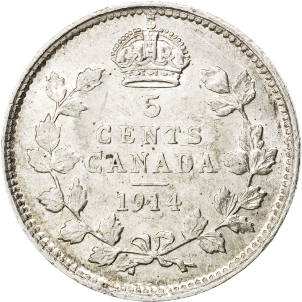 CANADA, 5 Cents, 1914, Royal Canadian Mint, KM #22, AU(55-58), Silver, 15.5,...