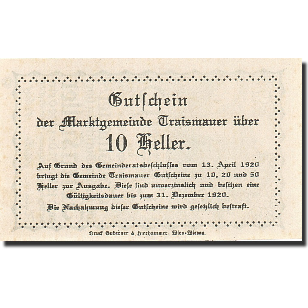 Banknote, Austria, Traismauer, 10 Heller, ferme, 1920, 1920-12-31, UNC(65-70)