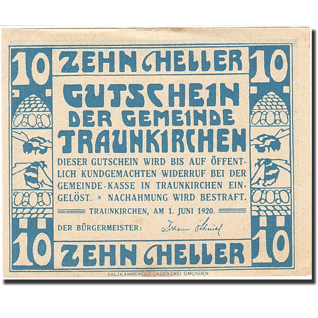 Banknote, Austria, Traunkirchen, 10 Heller, bateau, 1920, 1920-06-01, AU(50-53)