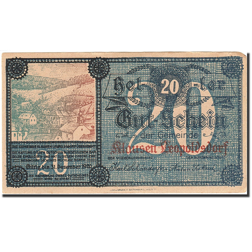 Banknote, Austria, Klausen Leopoldsdorf, 20 Heller, village, 1920, 1920-12-31