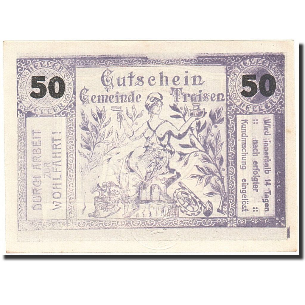 Banknote, Austria, Traisen, 50 Heller, dragon, 1920, 1920-12-31, UNC(63)