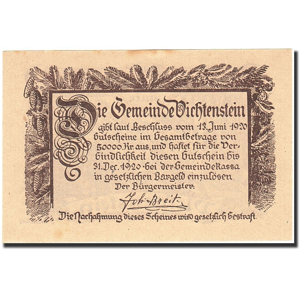 Banknote, Austria, Liechtenstein, 10 Heller, bûcheron, 1920, 1920-12-31