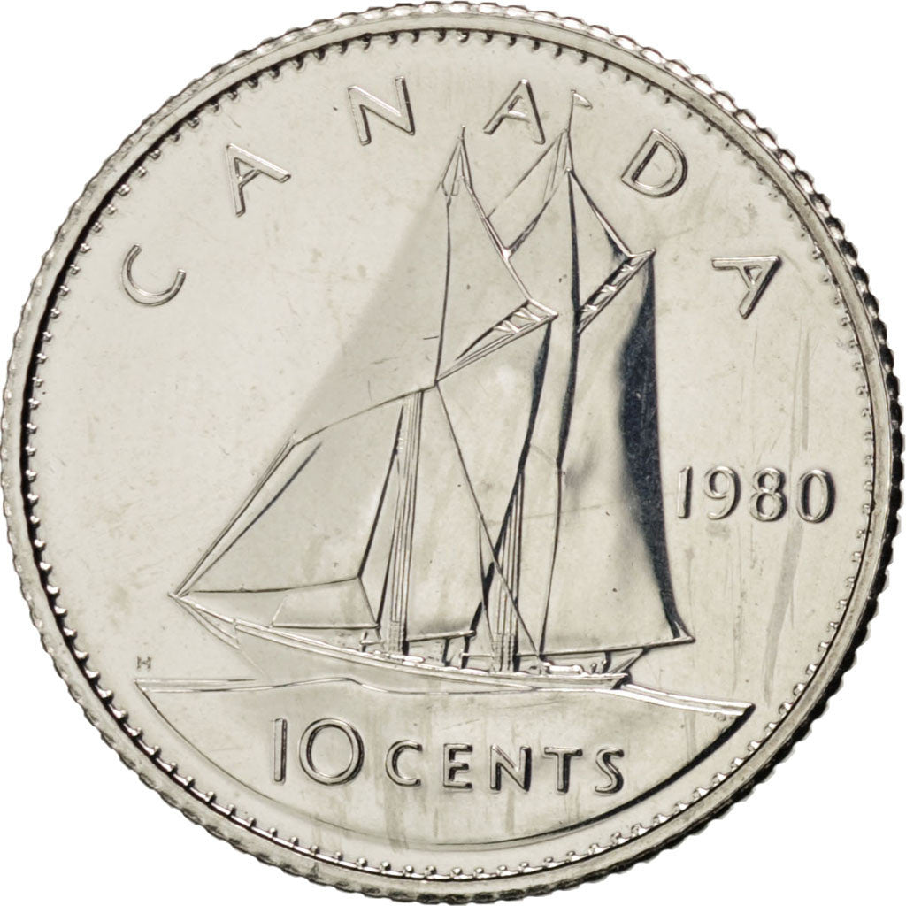 CANADA, 10 Cents, 1980, Royal Canadian Mint, KM #77.2, MS(65-70), Nickel,...
