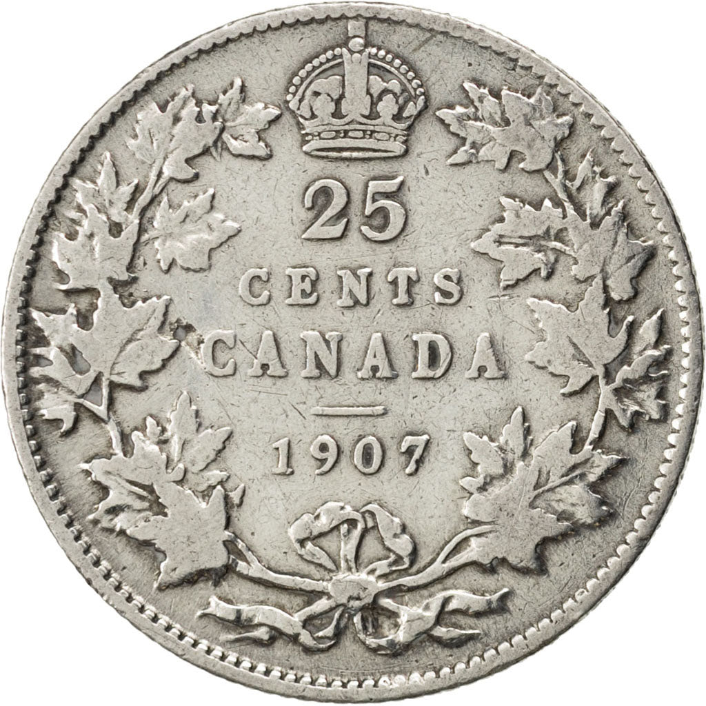 CANADA, 25 Cents, 1907, Royal Canadian Mint, KM #11, VF(20-25), Silver, 23.4,...