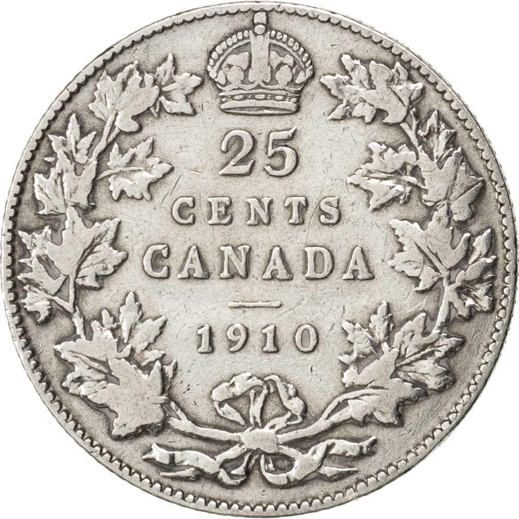 CANADA, 25 Cents, 1910, Royal Canadian Mint, KM #11a, VF(20-25), Silver, 5.74
