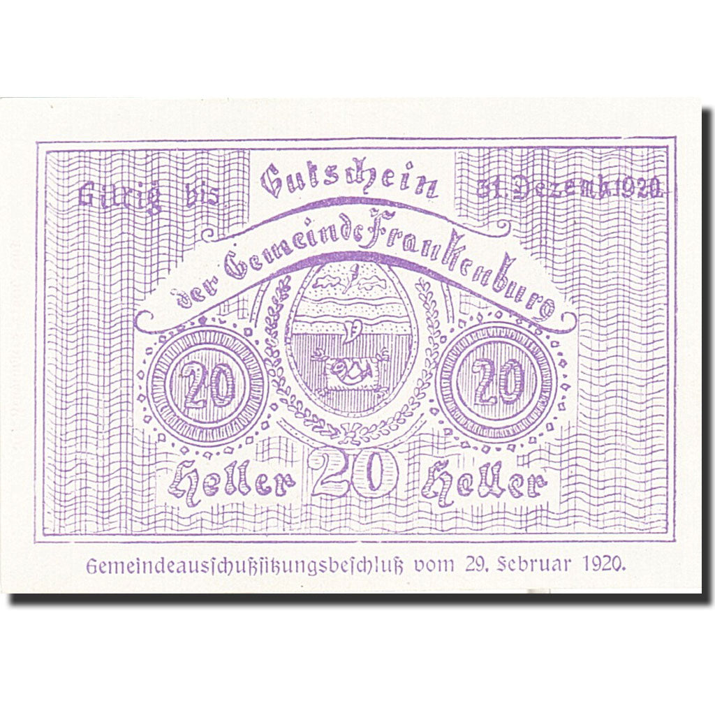 Banknote, Austria, Frankenburg, 20 Heller, Foret, 1920, 1920-12-31, UNC(65-70)