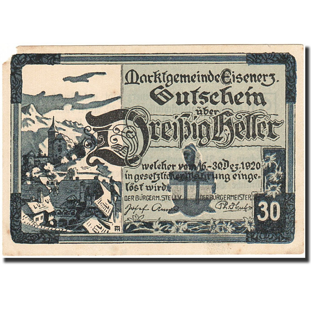 Banknote, Austria, Eisenerz, 30 Heller, village, 1920, 1920-12-31, EF(40-45)