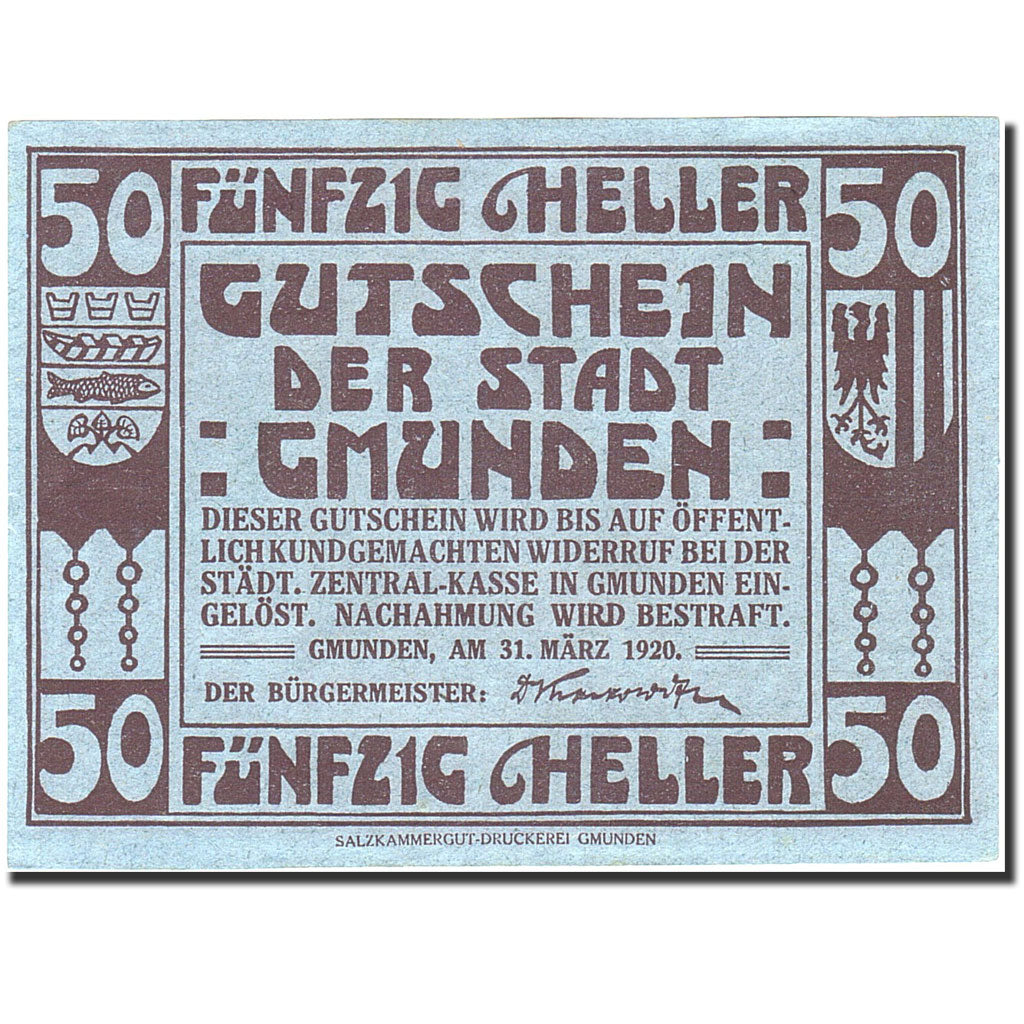 Banknote, Austria, Gmunden, 50 Heller, Eglise, 1920, 1920-03-31, UNC(64)