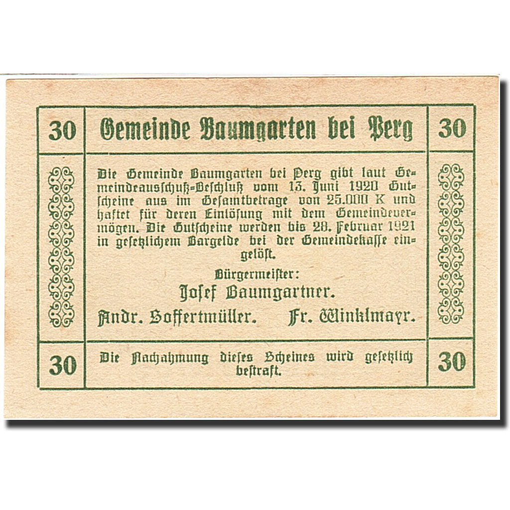 Banknote, Austria, Baumgarten, 25 Heller, agriculteur, 1921, 1921-02-28, UNC(63)