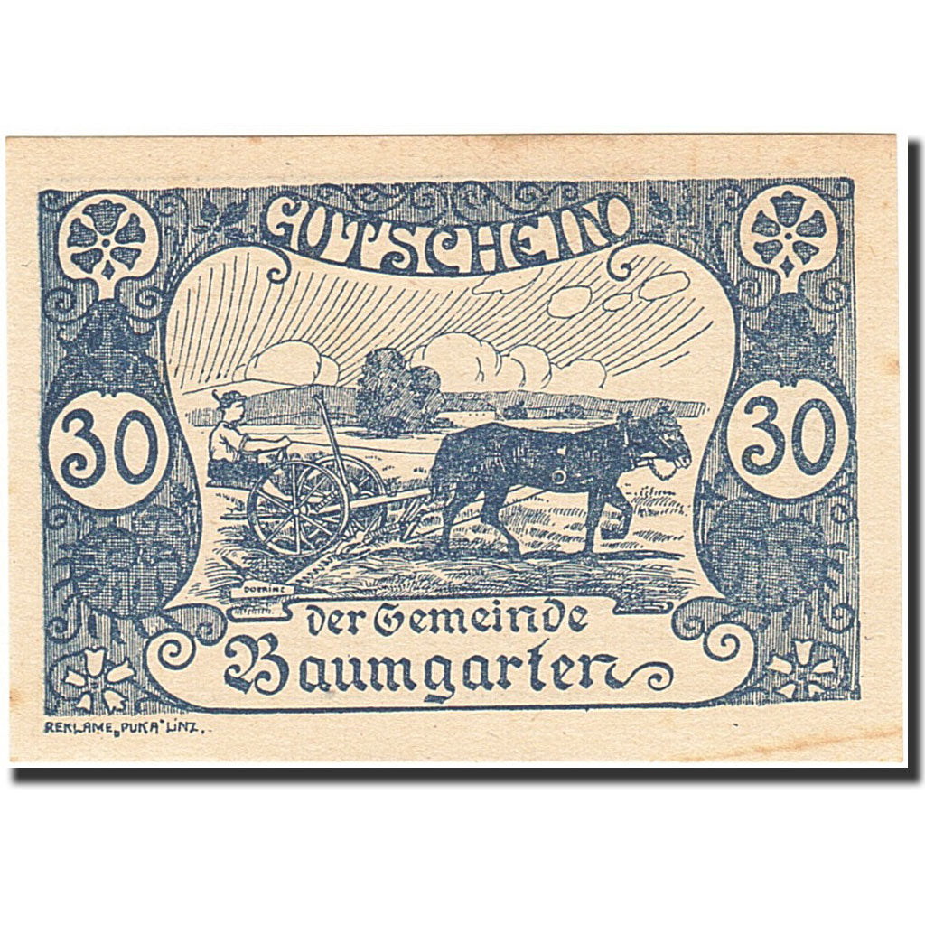 Banknote, Austria, Baumgarten, 30 Heller, agriculteur, 1921-02-28, blue, UNC(63)