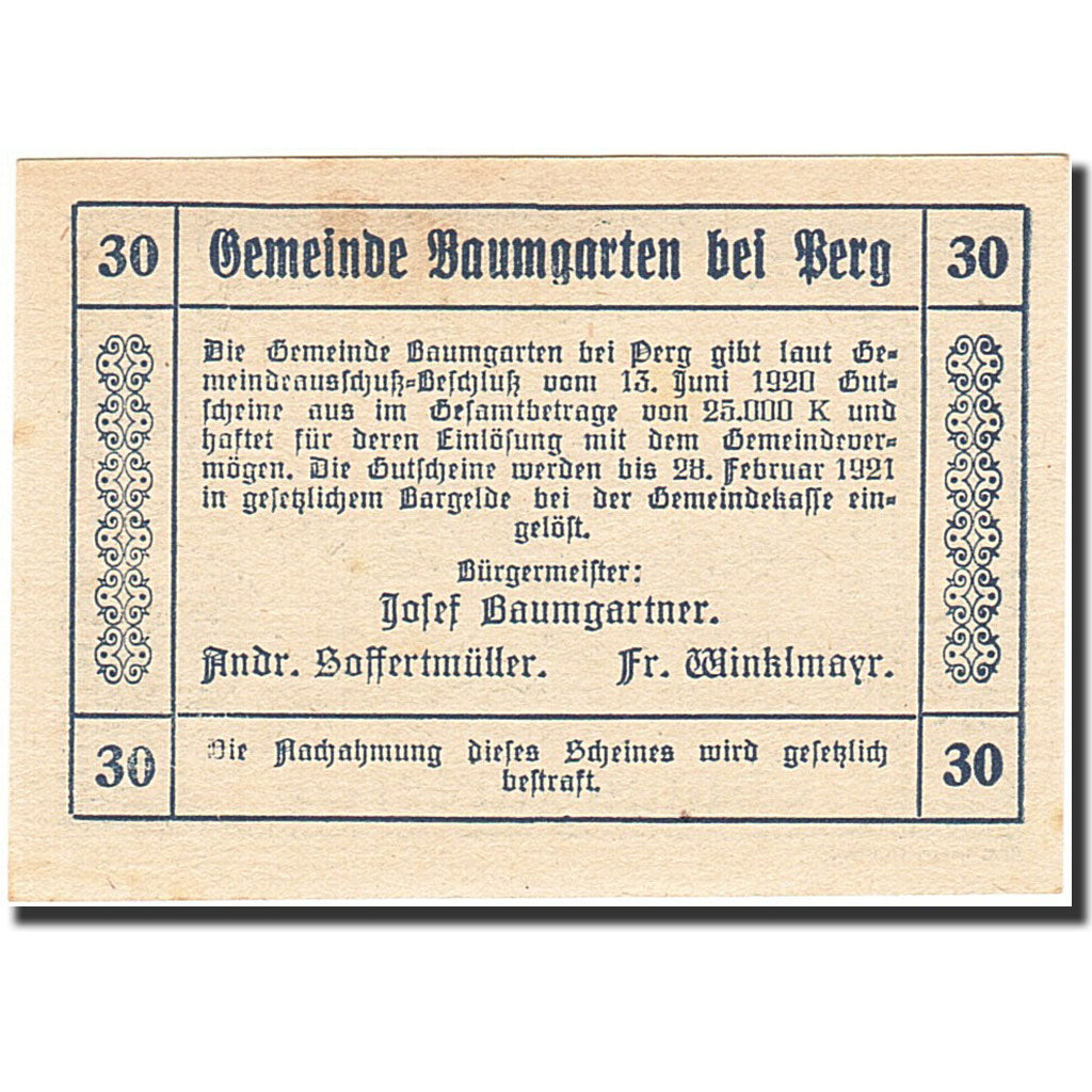 Banknote, Austria, Baumgarten, 30 Heller, agriculteur, 1921-02-28, blue, UNC(63)